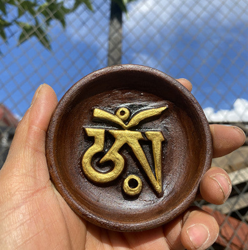 NEPAL gilded gray pottery OM symbol circular incense holder